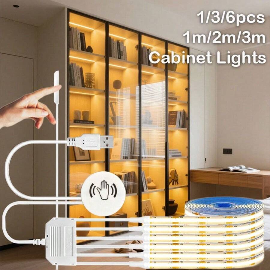 橱柜COB LED灯带，带可穿透式触摸感应灯，可调光夜灯，COB LED灯带，1条/3条/6条装，适用于卧室、衣柜、厨房照明。