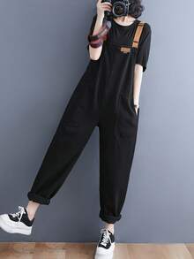 Vintage Soft Denim Jumpsuit With Adjustable Suspenders And Belt, Casual Style, Suspender Pants, Jeans And Women's Clothing - 黑色 - 查看 2