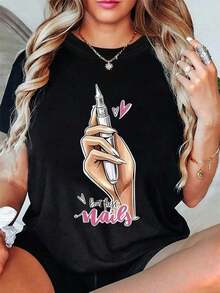 Women's Cotton T-Shirts, Manicure Shirt Compatible For Nail Artists And Technicians - Short Sleeve Crew Neck Top For Spring And Summer With Nail Tool Graphics (Cuticle Pusher, Nail Drill) - Casual Wear For Nail Salons And Manicure Parties, Y2K Women's Basic Blouses - 黑色 - 查看 7