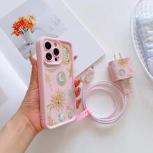 6-In-1 Pink Celestial Planet Phone Case Set - Includes Phone Case, Charger Head Cover, Cable Protector, Storage Cord, Data Cable Wrap Cord, TPU Shockproof Protective Case, Suitable For IPhone 6-16 Pro Max, Great Gift For Couples, Daughters, Girlfriends, Teenagers - Multicolor - View 2