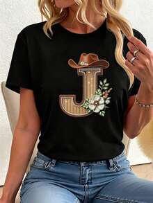 Women's White T-Shirt With Letter J, Western Cowboy Style - Casual Short Sleeve T-Shirt With Hat And Pearl Flower Print, Soft Fashionable Personalized Modern Top - 黑色 - 查看 5