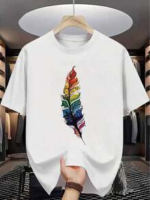 Summer T-Shirt With A Colorful Feather Print, Suitable For Both Men And Women. Its Artistic Design Showcases A Modern Personality, Making It An Exquisite Gift For Art Lovers. It's Machine Washable And Easy To Care For, Adding A Vibrant And Stylish Touch To Your Summer Outfit. (Keywords: Women's T-Shirts, Women's Athletic T-Shirts, Women's Sports Tops, Women's Blouses, Men's Shirts, Unisex Sweatshirts For Couples) - 白色 - 查看 5