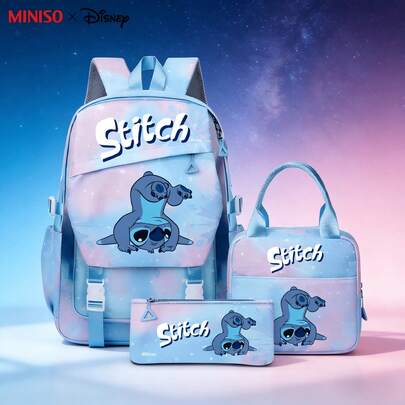 Bộ 3 món ba lô MINISO X Disney Stitch, thiết kế dải màu thiên hà dễ thương kèm túi đựng cơm & túi đựng bút, phù hợp cho đi làm văn phòng, học tập và du lịch