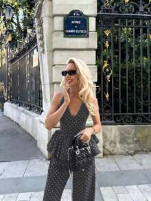 Summer Polka Dot Set With Open Back – Stylish 2-Piece Set For Holidays And Everyday Wear - 深灰色 - 查看 1