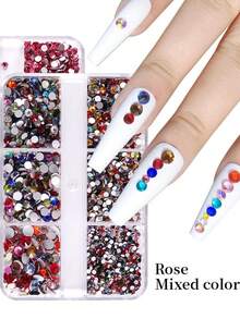 Nuevo set de decoración de uñas con 6 compartimentos que incluye cristales de Rhinestone planos y diamantes redondos - Rosa Pálido - Ver 3