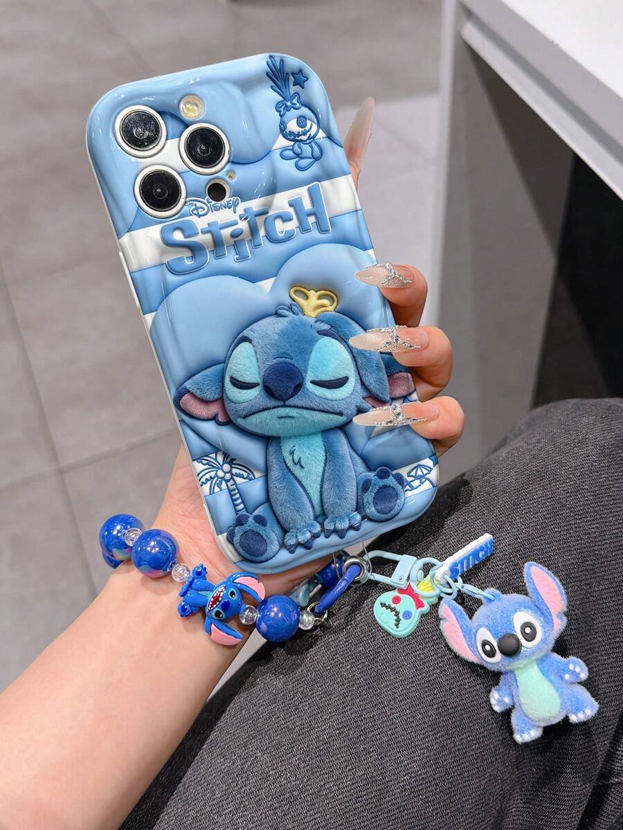 Disney Has Authorized, Phone Case - Chain Set, The Stitch Lilo & Stitch 3D Phone Case Plus A Silicone 3D Stitch Bracelet With Metallic Ring Removable Bracelet, Stitch And Angel Pattern, Compatible With Iphone17/16/15/14/13/12/11/XS/XR/X Plus Pro Max, A Stylish Cartoon Phone Case, The Perfect Gift Choice, Phone Protection, Durable Phone Cover, Great Gift For Friends And Family. - trắng - Xem 1