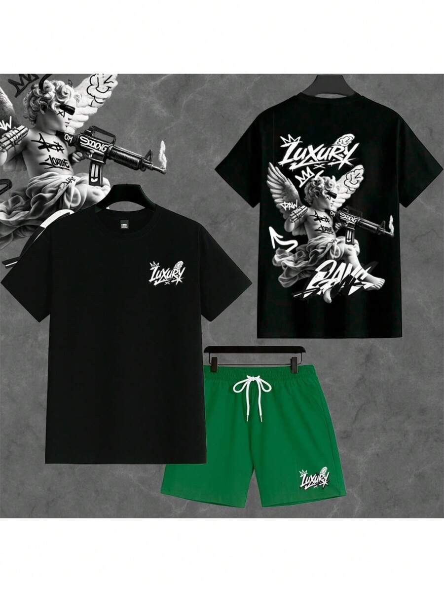 Conjunto Camiseta 30.1 + Bermuda Masculino Tactel Com elastano LUXURY ANGEL streetwear lançamento - preto/verde angel luxury - Visão 1