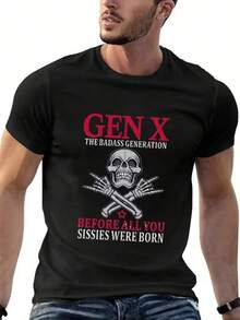 Camiseta gráfica para hombres - Diseño de calavera y espadas cruzadas con texto "Gen X La generación de los valientes antes de que todas ustedes, hermanas, nacieran" - Camiseta casual de verano de talla grande - Blanca con letras rojas - Camiseta de cuello redondo y manga corta transpirable para atuendo casual, ropa de declaración, impresión audaz, ajuste cómodo, camiseta de declaración, amantes de la moda audaz, estilo de streetwear, moda de , material suave, ropa para adultos, TALLA GRANDE - Negro - Ver 1