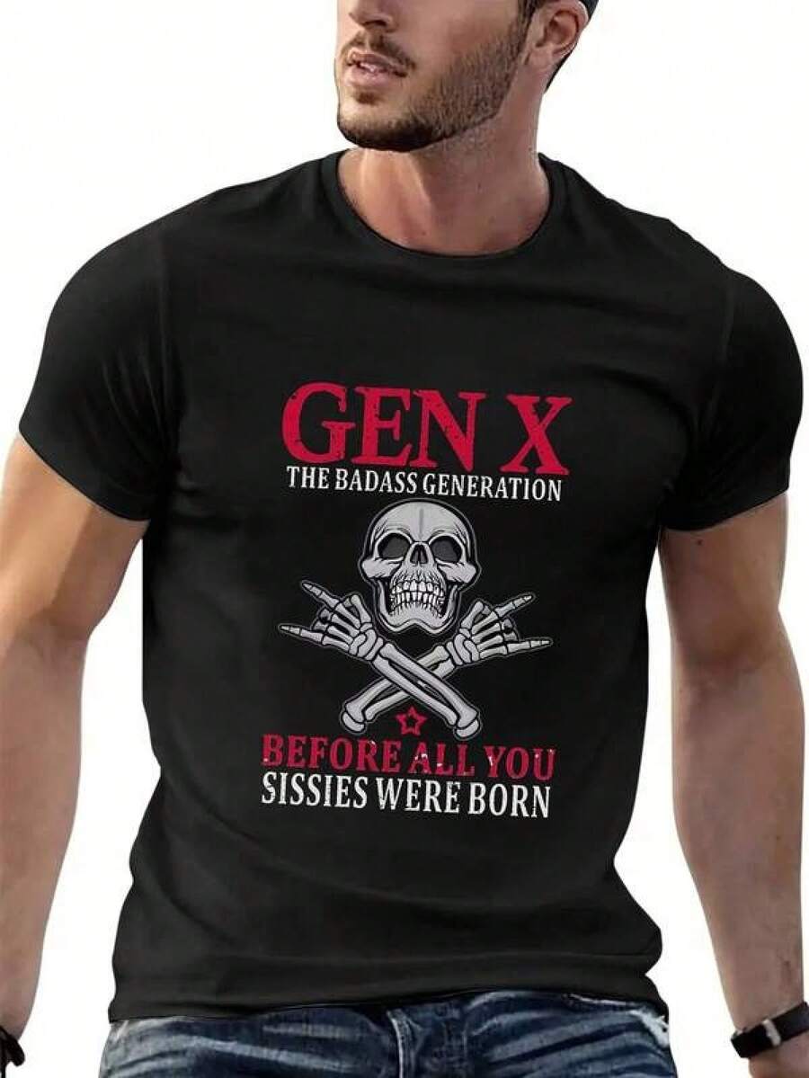 Camiseta gráfica para hombres - Diseño de calavera y espadas cruzadas con texto "Gen X La generación de los valientes antes de que todas ustedes, hermanas, nacieran" - Camiseta casual de verano de talla grande - Blanca con letras rojas - Camiseta de cuello redondo y manga corta transpirable para atuendo casual, ropa de declaración, impresión audaz, ajuste cómodo, camiseta de declaración, amantes de la moda audaz, estilo de streetwear, moda de , material suave, ropa para adultos, TALLA GRANDE - Negro - Ver 1