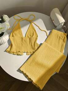 xheElamini Conjunto de top halter plisado de tela texturizada y pantalones anchos de pierna anchaxhe - Amarillo 2 - Ver 2