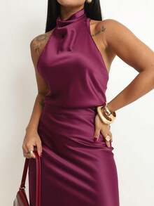 Women's Satin Blouse With High Neck And Open Back, Elegant For Parties - Purple - View 2