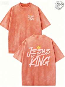 Jesus Is King, Believe In God,God Will Bless You,Classic Retro Fashion Jesus Popular Letter Pattern Printing Boutique 230g Washed Cotton T-Shirt Men's - 橘色 - 查看 1