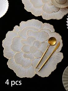 1-8pcs Gold Flower Design PVC Placemats, Washable, Easy To Clean, Wipe-Clean, Non-Slip, Heat Resistant, Holiday Wedding Party Table Decor - Gold - View 6