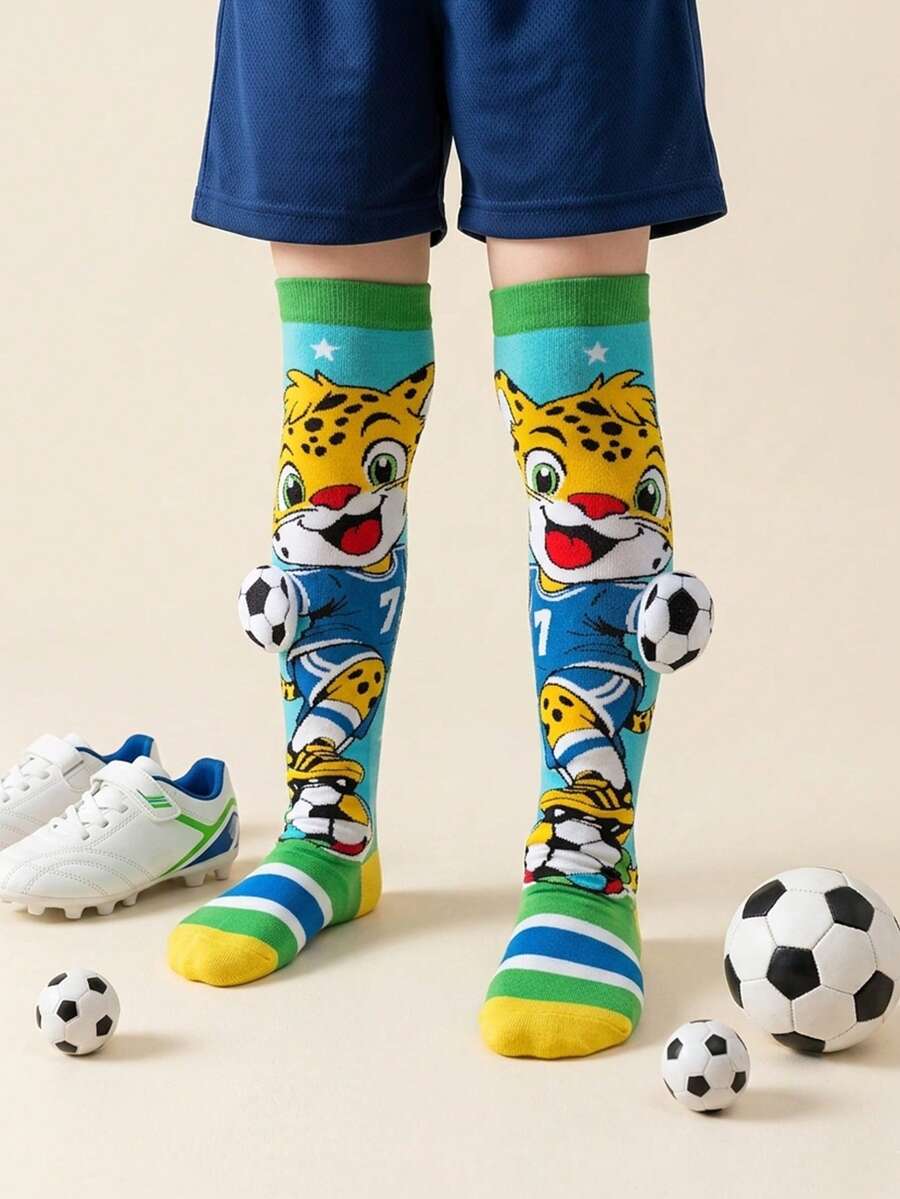 1 Pair Kids Calf Socks With Cartoon Leopard & 3D Football Decor, Casual Sports Socks For Daily, Holiday Wear, Suitable For Children Aged 3-12, All Season Gift - Baby Blue - View 1