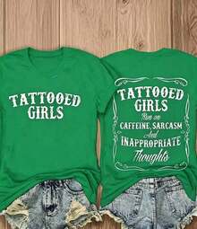 Funny Tattoo T-Shirt - Runs On Caffeine, Sarcasm And Inappropriate Thoughts, Women's Bold Graphic Tee, Retro Western Style Letter Print Short Sleeve Top, Oversized Double-Sided Graphic Tee, Women's Casual Egg Print Crew Neck T-Shirt, Women's Y2K Aesthetic Print Short Sleeve Top - 綠色 - 查看 7