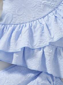 Fresh Gentle Style Baby Girl Summer Light Blue Embossed Ruffle 3-Piece Set Including Top, Shorts, Bow Hat, Baby Daily Wear & Photo Outfit - Blue - View 4