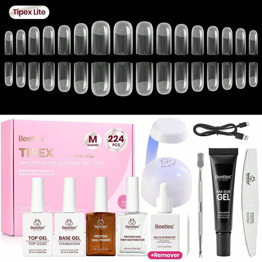 Beetles 224Pcs Tipex Instant Apex Nail Tips Kit, Reinforced Apex Strong Long-Lasting, 20g Solid Nail Glue, Mini UV Lamp Base & Top Coat Manicure Set - Medium Square - 查看 1