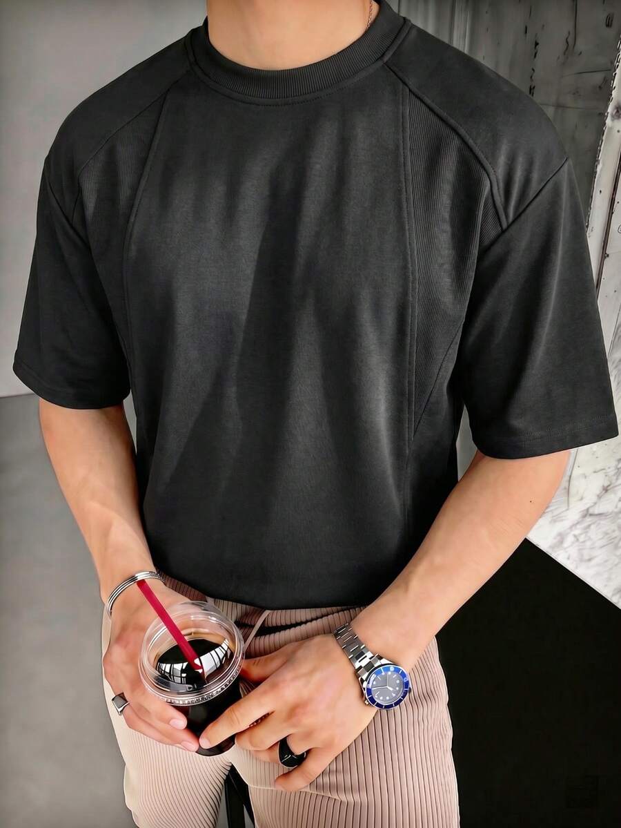 1pc Men's Black Short Sleeve Crew Neck T-Shirt, Contrast Stitching Deconstruction Patchwork, Heavy-Weight Knit Fabric, Machine Washable, Minimalist Retro Fashion Style, Suitable For Casual Daily Wear - Black - View 1