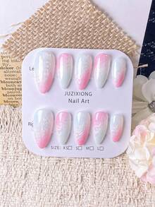 10 Pieces Of Handmade Almond Nail Polish In Pink, Green, And White With Mixed Shading, Textured Tips, And A Pointed Shape. Simple Design, Vibrant Colors. Summer Item. Quickly Wearable And Removable; Press-On False Nails. - Multicolor - View 13