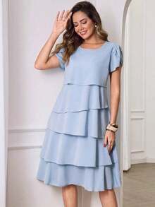 Vestido de mujer de unicolor con cuello redondo, mangas cortas con volantes en los puños y dobladillo con volantes, vestido de moda para vacaciones, primavera y verano - Azul marino - Ver 10