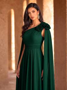 SUPGIR Asymmetrical Neck Floral Decor Extra Long Draped Waist Pleat Chiffon Dress, Bridesmaid Dress Wedding Spring - Màu xanh lá cây đậm - Xem 4