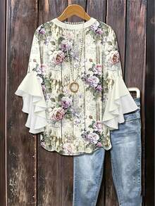 Áo blouse nữ size lớn cổ khía viền bèo họa tiết hoa tay lỡ 3/4 đi du lịch - Nhiều màu - Xem 2