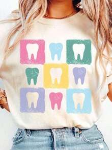 1 pieza Camisa de Dentista Floral Boho, Camisa de Dentista, Regalo para Dentista, Asistente Dental, Regalo para Higienista Dental |     Regalo para estudiantes de odontología, camiseta clásica de algodón pesado de manga corta extragrande 100% algodón, camiseta gráfica impresa, top casual de manga corta para mujeres 180g 100% algodón, todos los patrones están impresos. Unisexo. - Blanco - Ver 1