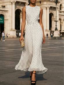 New European And American Spring Polka Dot Sleeveless Dress Women French Style Waist Cinching Elegant Long Slimming A-Line Dress - 白色 - 查看 1