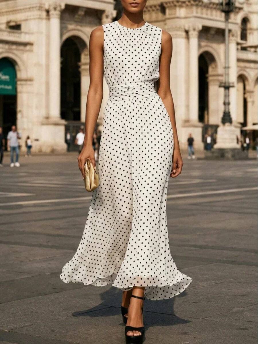 New European And American Spring Polka Dot Sleeveless Dress Women French Style Waist Cinching Elegant Long Slimming A-Line Dress - 白色 - 查看 1