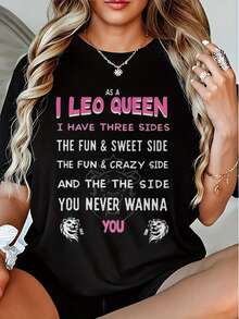 Women's Leo Graphic T-Shirt, Plus Size - Fun Leo Slogan T-Shirt, Soft Crew Neck Casual T-Shirt, Perfect Birthday Gift For Leo Zodiac Signs, Astrological Clothing For Everyday Wear, Fun Design, 100% Cotton, Breathable Fabric, Short Sleeve T-Shirt - 黑色 - 查看 1