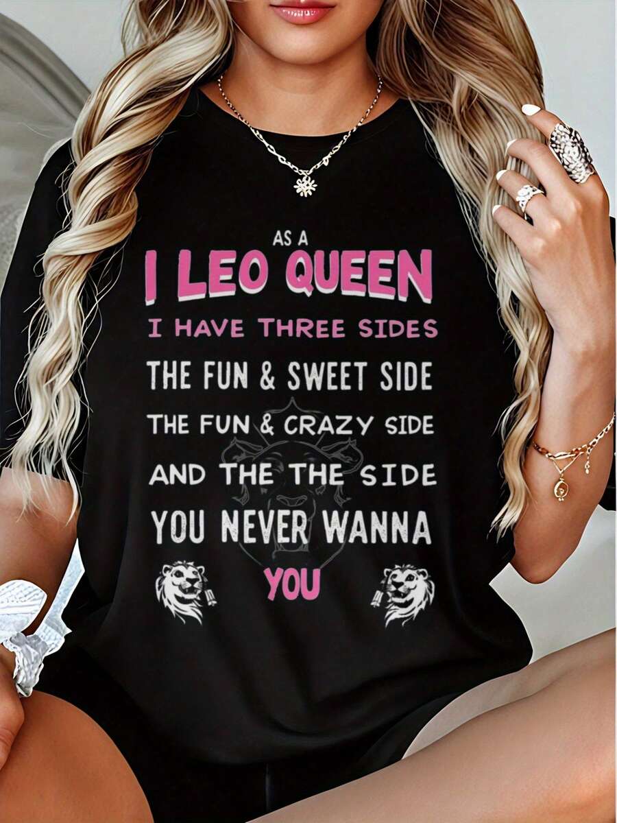 Women's Leo Graphic T-Shirt, Plus Size - Fun Leo Slogan T-Shirt, Soft Crew Neck Casual T-Shirt, Perfect Birthday Gift For Leo Zodiac Signs, Astrological Clothing For Everyday Wear, Fun Design, 100% Cotton, Breathable Fabric, Short Sleeve T-Shirt - 黑色 - 查看 1