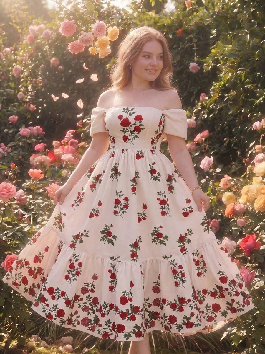 MOD Vestido largo con estampado floral elegante y hombros descubiertos para mujer de talla grande, adecuado para fiestas, elegante para fiestas, baile de graduación, invitada de boda, estilo campestre, fiesta, cumpleaños, baile de graduación, vestido retro, atuendos campestres, vestidos elegantes para mujer, vestido floral para mujer, vestido con estampado de rosas, vestido con hombros descubiertos, vestido para el Kentucky Derby, atuendo de té, vestidos para fiesta en el jardín, vestidos festivos para mujer, vestido de vacaciones, atuendos de San Valentín para mujer, vestido floral elegante para mujer, vestido de invitada de boda para mujer - Multicolor - Ver 1