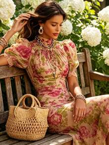 Vestido De Mujer 2026 Mangas De Puff Francés Nuevo Estilo Estampestampvestido Largo Vestido Plipliado De Moda - Rosa coral - Ver 2