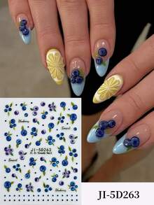 Summer Blueberry Fruit Nail Stickers, Vintage Polka Dot Design, Charming French Manicure, Fresh Summer Style 5D Embossed Nail Art - Multicolor - View 3