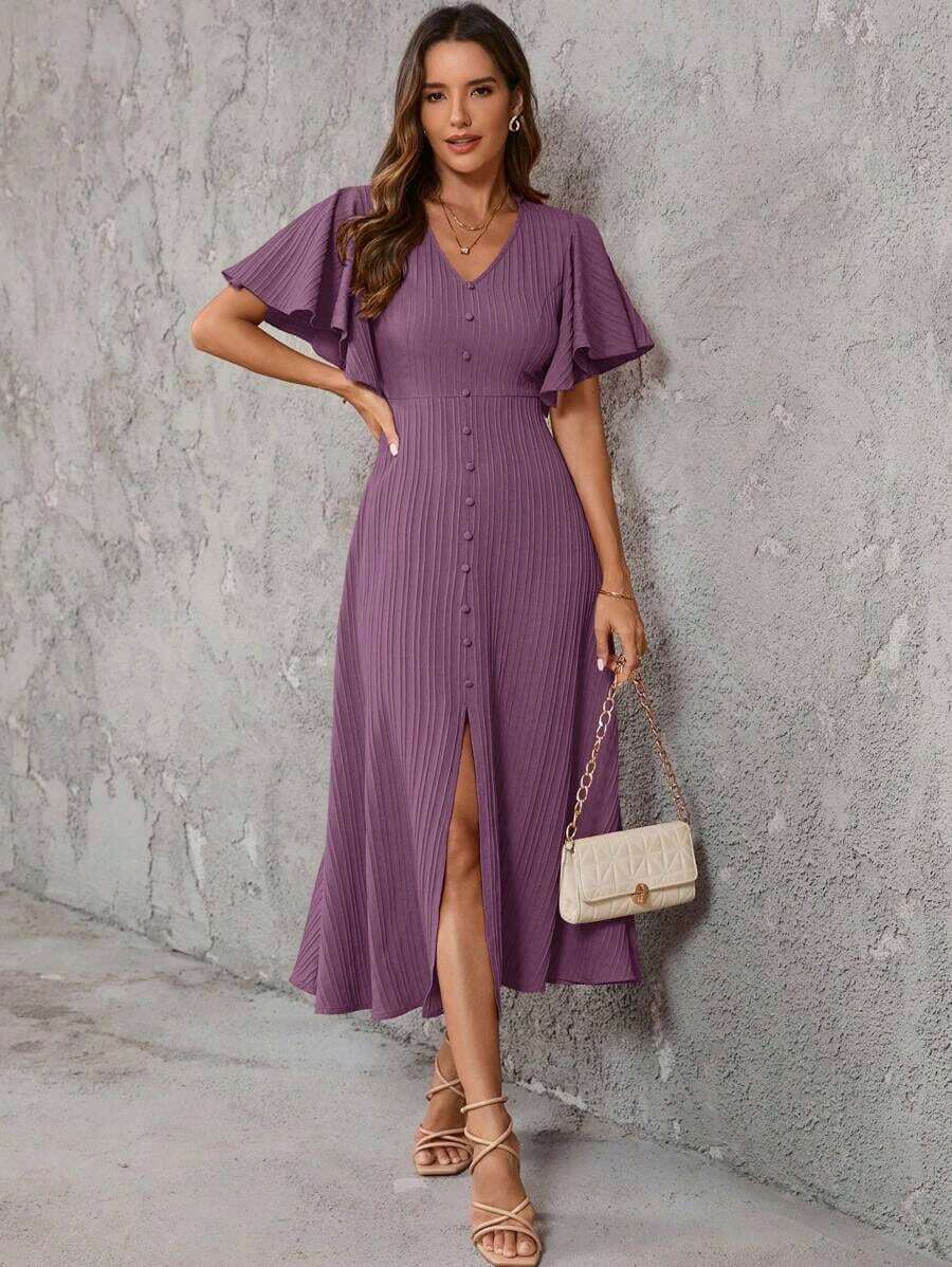 Clasi Vestido de unicolor con botones al frente, manga mariposa y abertura al muslo de longitud hasta el muslo para mujer - Púrpura polvoriento - Ver 1