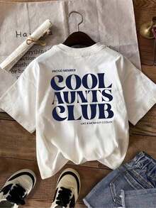 T-shirt printemps/été femme en pur coton doux, coupe ajustée, col rond, imprimé << Cool Auntie Club Element » à l'avant et à l'arrière, style années 2000. - Blanc - Voir 6
