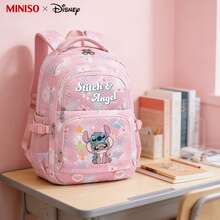 Ba lô MINISO Disney Stitch & Angel, họa tiết hoa hồng nhuộm tie-dye, thích hợp cho công việc văn phòng, học tập và du lịch. - hồng - Xem 3