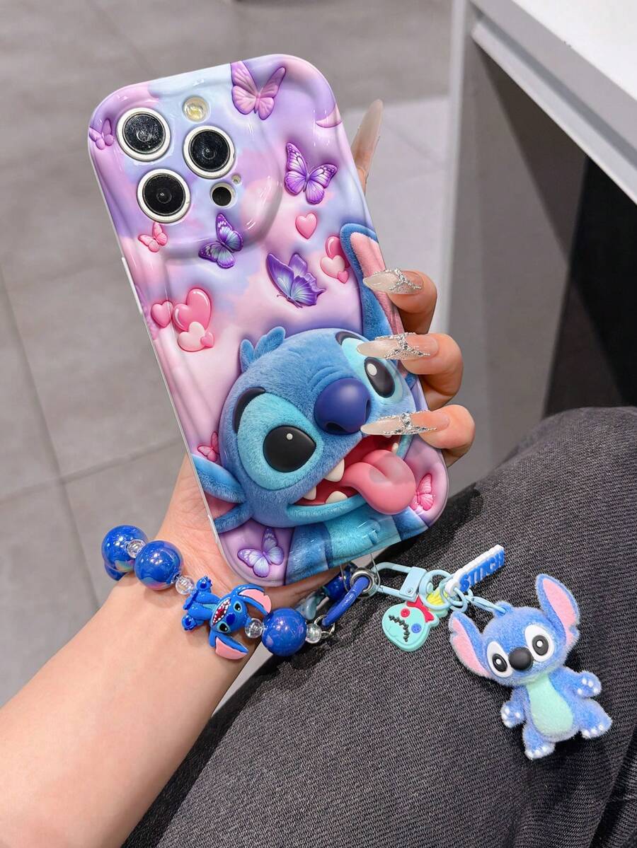 Disney Has Authorized, Phone Case - Chain Set, The Stitch Lilo & Stitch 3D Phone Case Plus A Silicone 3D Stitch Bracelet With Metallic Ring Removable Bracelet, Stitch And Angel Pattern, Compatible With Iphone17/16/15/14/13/12/11/XS/XR/X Plus Pro Max, A Stylish Cartoon Phone Case, The Perfect Gift Choice, Phone Protection, Durable Phone Cover, Great Gift For Friends And Family. - trắng - Xem 1