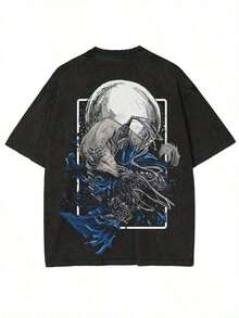 Men's Japanese Wolf And Manga Anime Graphic T-Shirt - 100% Cotton, Crew Neck, Short Sleeve, Wolf, Moon And Anime Character Print, Lightweight And Breathable T-Shirt For Conventions And Casual Wear, Machine Washable, All Season Comfort, Japanese Style Anime Fan Clothing, 100% Pure Cotton Anti-UV T-Shirts For Men - 黑色 - 查看 5