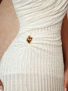 xheLumalex Vestido ajustado con cuello redondo, fruncido y decoración metálica cruzada para mujeresxhe - Albaricoque 2 - Ver 7
