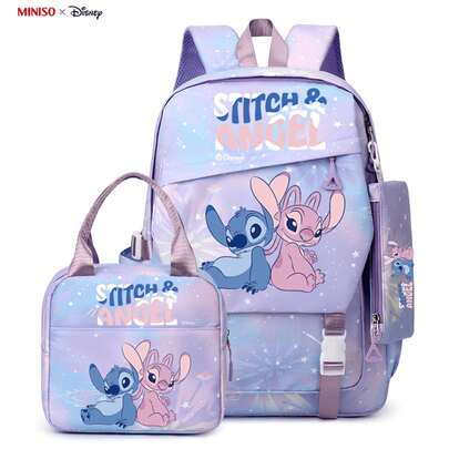 Bộ 3 món ba lô MINISO X Disney Stitch Angel Purple Starburst dễ thương kèm hộp đựng cơm cách nhiệt và túi đựng bút chì, thích hợp sử dụng hàng ngày, ngoài trời, cắm trại.