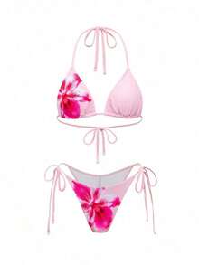 Swim  Conjunto de vacaciones para mujer de 4 piezas: Top de bikini triangular con estampado de cuello halter, Bottom de traje de baño, falda larga tipo sarong y cubrecuerpo.Conjunto de 2 piezas floral con falda maxi, conjunto de 2 piezas de verano para mujer - Rosa - Ver 7