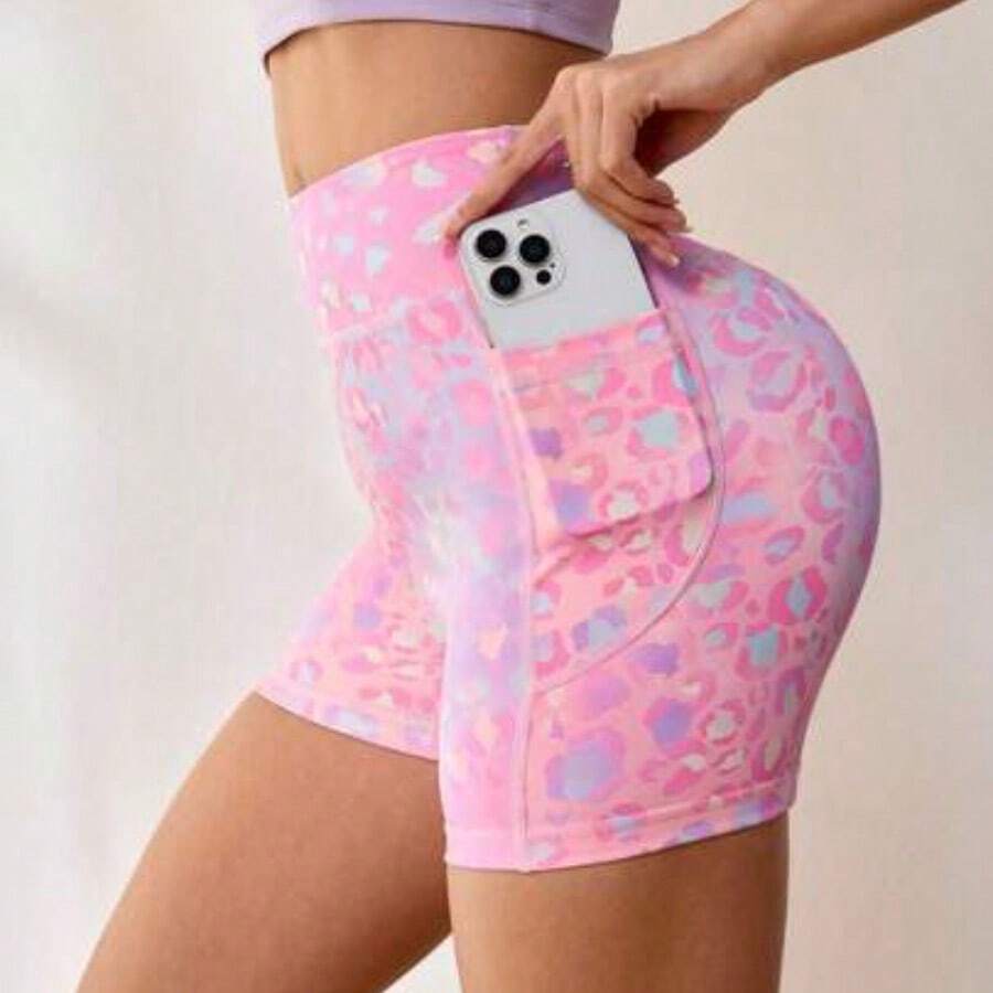 guang zhou mi qian shang mao Dewbera Pantalones cortos deportivos de cintura alta con bolsillos, ajustados, con estampado de leopardo de colores, pantalones cortos de yoga con bolsillo, pantalones cortos de mujer con bolsillos, ropa deportiva activa para mujer - Rosa - Ver 1