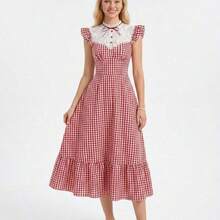 . .  MOD Vestido de manga corta con cuello de encaje y estampado de cuadros para mujer - Rojo y blanco - Ver 5