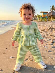 Toddler Girls Fall Outfits Plaid Square Neck Button Up Long Sleeve Shirt And Elastic Pants Set 2 Piece Clothes - Green - View 3