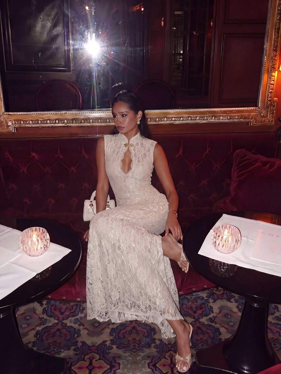 High Neck Lace Trim High Waist Backless Slit Maxi Dress, Perfect For Formal Banquets, Parties And Guest Ceremonies Party Wedding Spring Fall - Beige - View 1