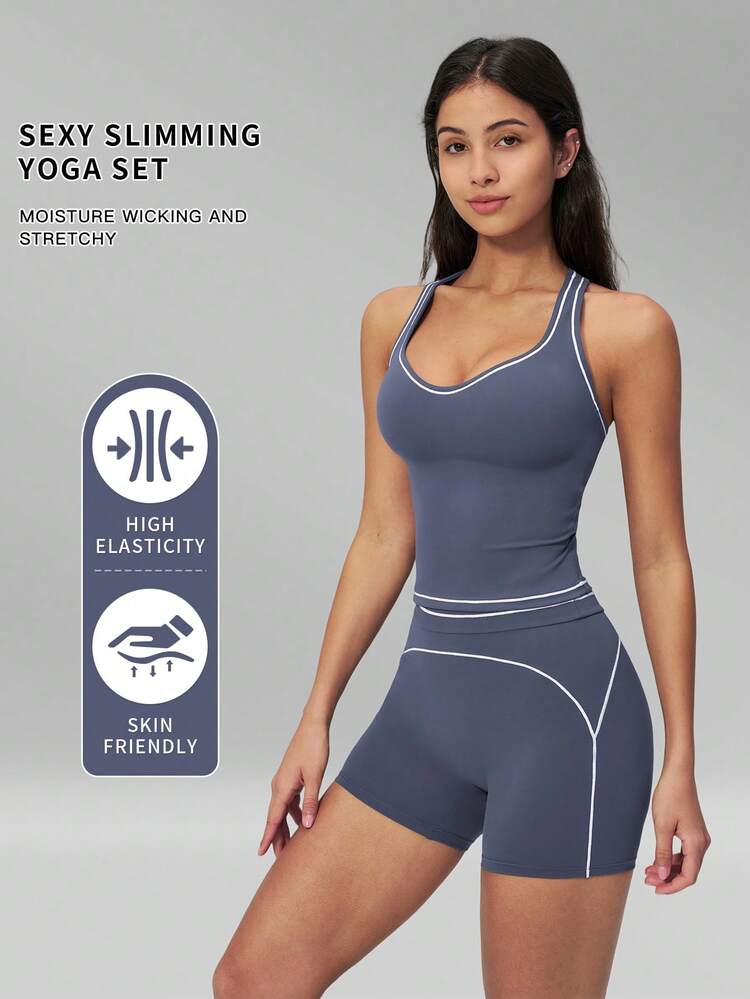 MFVIM Women's Colorblock Yoga Set With Double Shoulder Straps, Premium Sports Fitness Outfit For Running And Workout - Dusty Blue - View 2