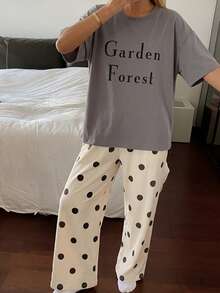 DAZY 2pcs Women Pajama Set, Short Sleeve Top And Long Pants, Soft Homewear, Spring/Summer - Grey - View 6
