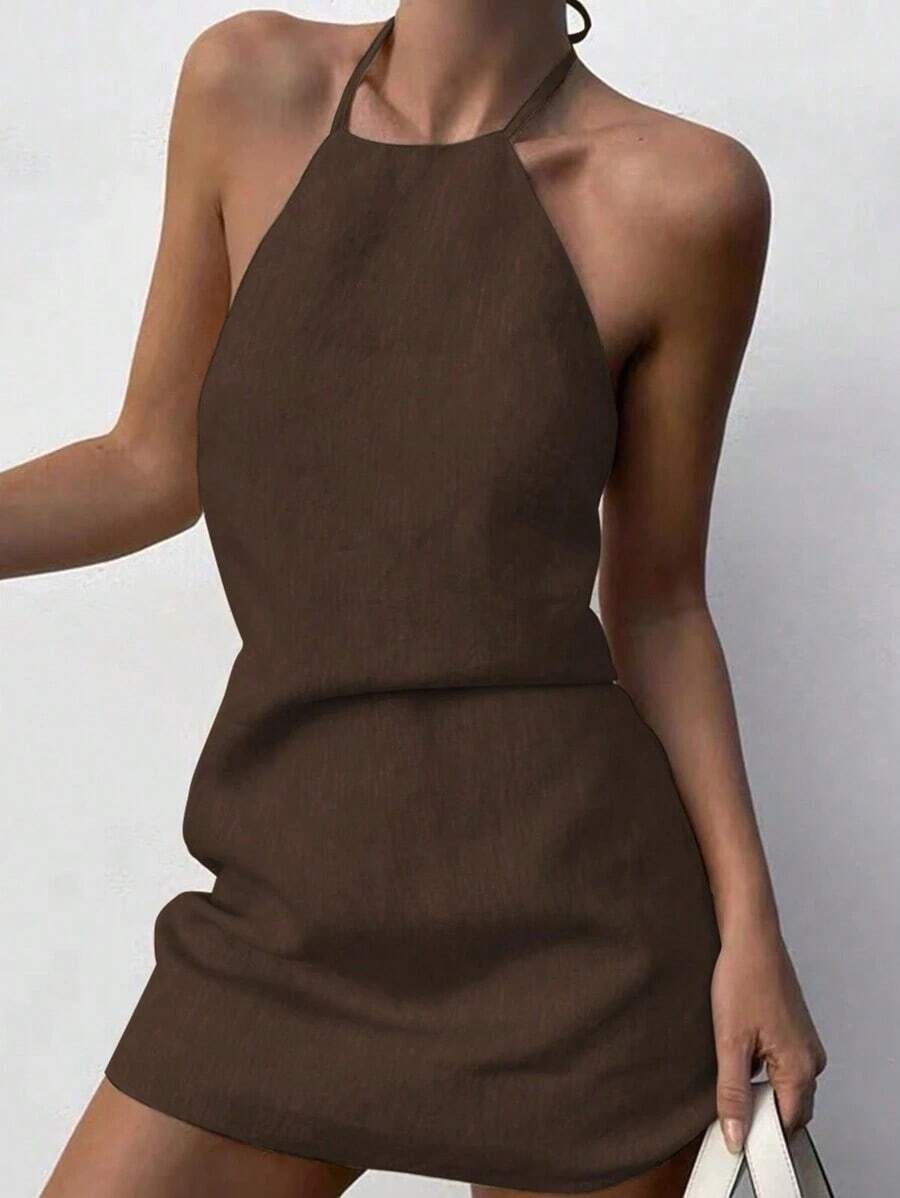 Vestido mini minimalista de mujer de unicolor, con cuello halter, para fiestas y viajes - Cafetería - Ver 1