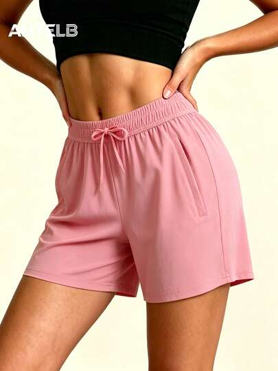 AHTELB Pantalones cortos deportivos de verano para mujer, unicolor con cordón y cintura elástica, bermudas ligeras, transpirables, elásticas y de secado rápido, con bolsillos con cremallera, adecuados para yoga, fitness y uso diario